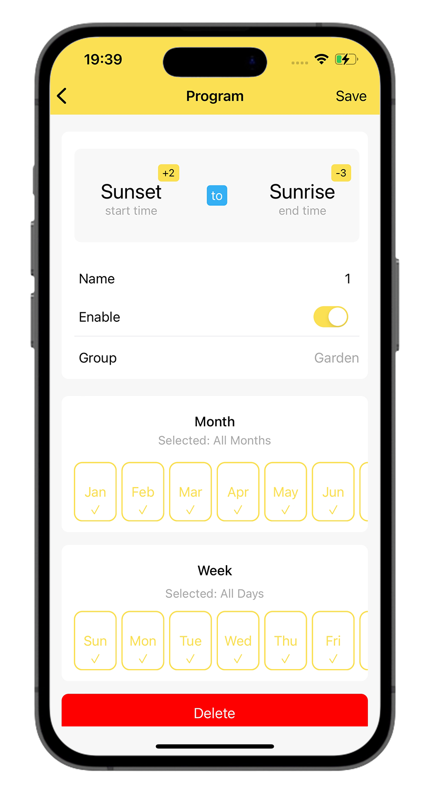 Setting based on sunset time for activation and deactivation.
